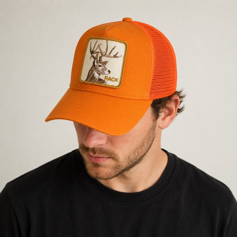 The Farm Rack Deer Trucker Hat Blaze Orange Snapback Hunting Cap